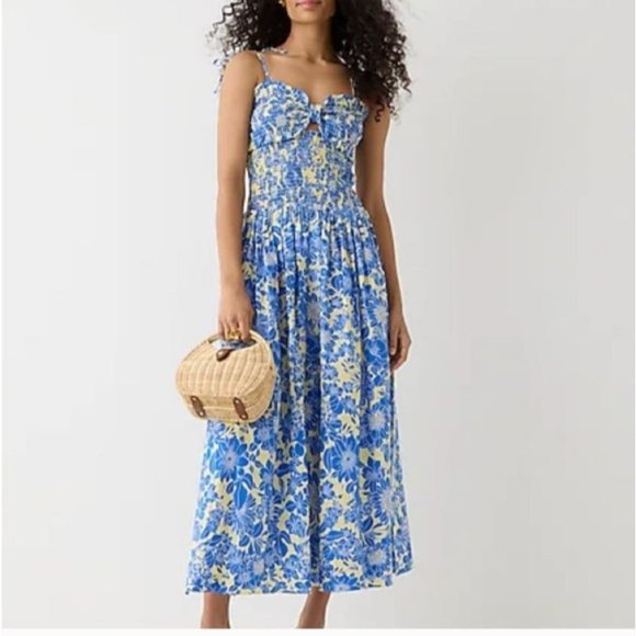 J.Crew Collection Dress Tie Shoulder Smocked Floral Cotton Poplin Blue Yellow Su - Picture 10 of 13